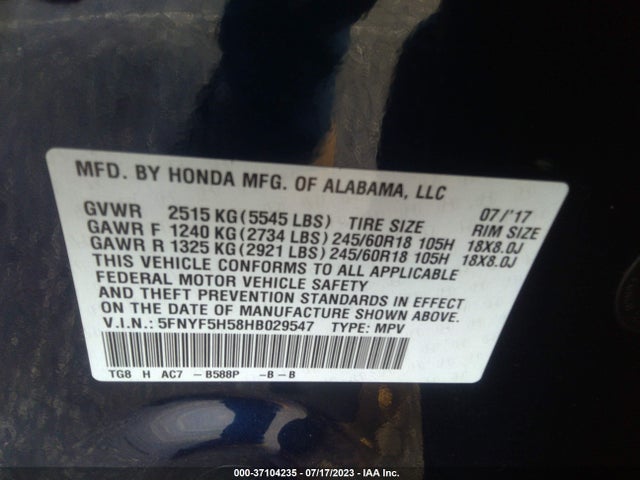 Honda Pilot Ex-l 2017 5FNYF5H58HB029547 Image 9