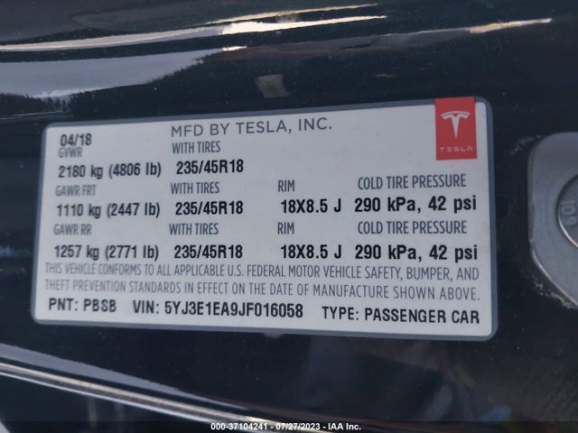 Tesla Model 3 Range Battery 2018 5YJ3E1EA9JF016058 Image 9