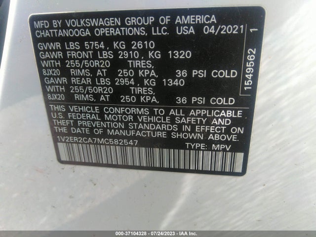 1V2ER2CA7MC582547 Volkswagen Atlas 3.6l V6 Sel