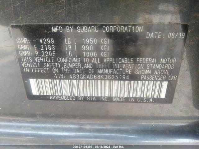 2019 SUBARU IMPREZA PREMIUM VIN: 4S3GKAD68K3625194
