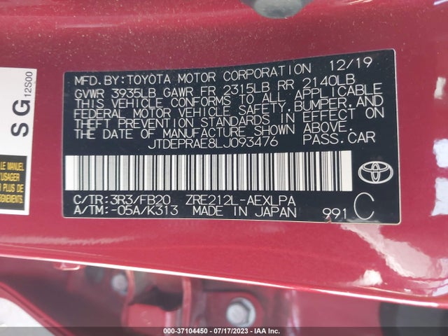 2020 TOYOTA COROLLA LE VIN: JTDEPRAE8LJ093476