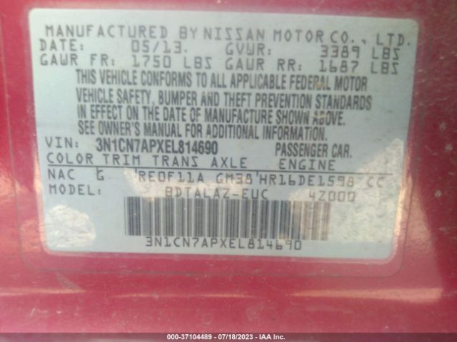 3N1CN7APXEL814690 Nissan Versa S Plus