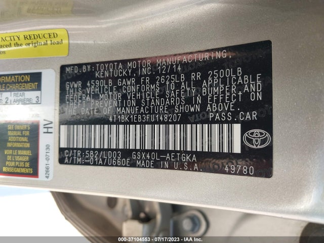 Toyota AVALON XLE 2015 4T1BK1EB3FU148207 Image 15