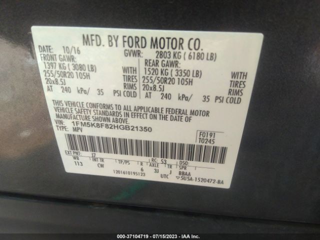 1FM5K8F82HGB21350 Ford Explorer Limited
