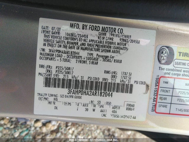 2010 FORD FUSION SE VIN: 3FAHP0HA2AR182044