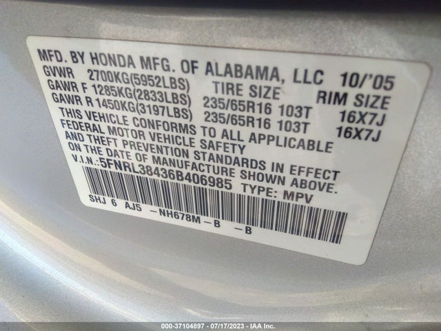 2006 HONDA ODYSSEY EX VIN: 5FNRL38436B406985