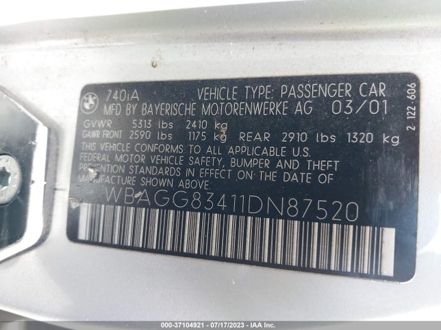 2001 BMW 7 SERIES 740IA VIN: WBAGG83411DN87520