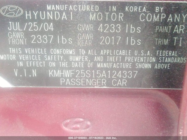 2005 HYUNDAI SONATA GL VIN: KMHWF25S15A124337