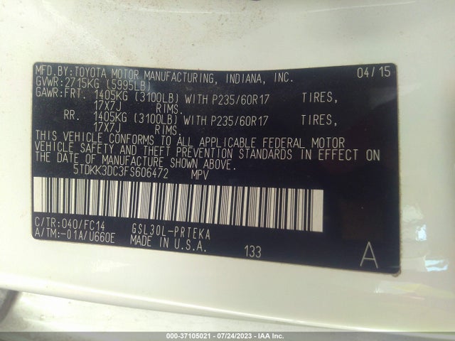 Toyota SIENNA LE 2015 5TDKK3DC3FS606472 Image 9