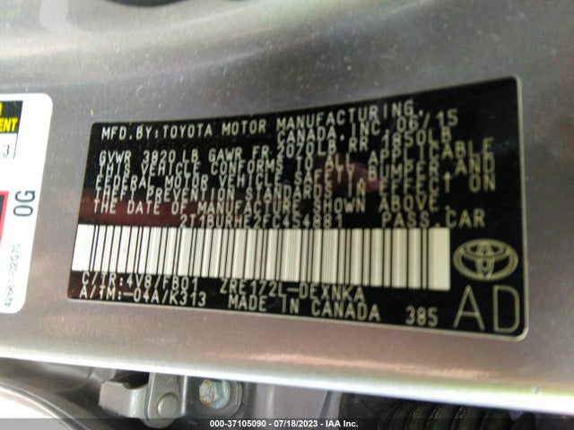 2015 TOYOTA COROLLA L/LE/S/S PLUS/LE PLUS VIN: 2T1BURHE2FC454881