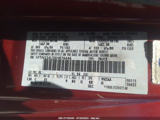 1999 FORD ECONOLINE CARGO VAN VIN: 1FTNS24L2XHB76446