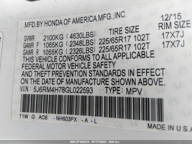 Honda Cr-v Ex-l 2016 5J6RM4H78GL022593 Image 9