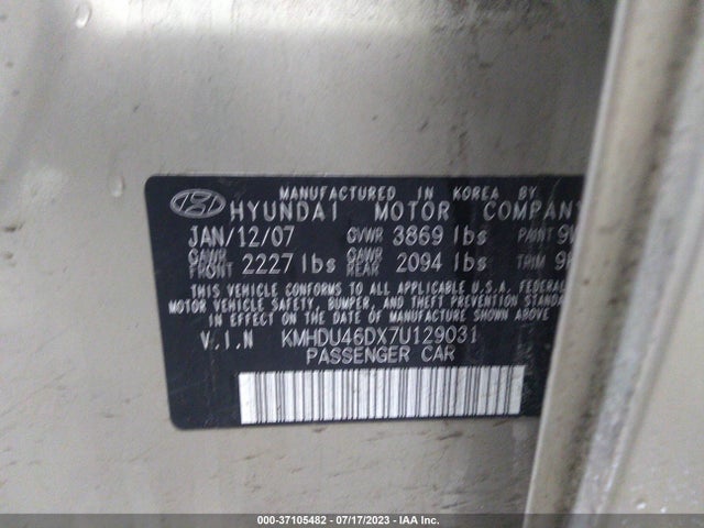 2007 HYUNDAI ELANTRA GLS/SE/LTD VIN: KMHDU46DX7U129031