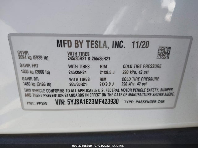 Tesla MODEL S 2021 5YJSA1E23MF423930 Image 9