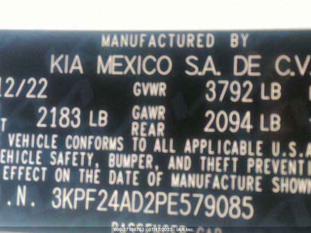 3KPF24AD2PE579085 KIA Forte Lxs