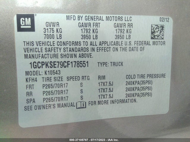2012 CHEVROLET SILVERADO 1500 LT VIN: 1GCPKSE79CF178551