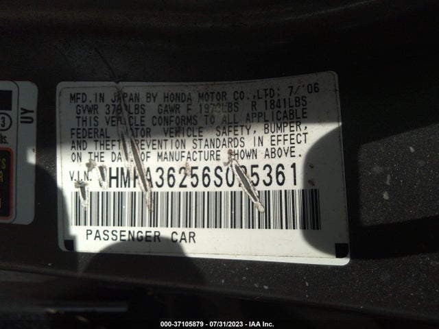 2006 HONDA CIVIC HYBRID VIN: JHMFA36256S025361