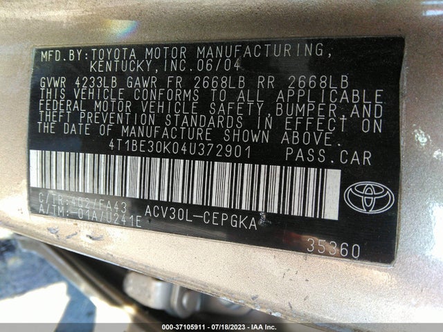 2004 TOYOTA CAMRY LE/SE/XLE VIN: 4T1BE30K04U372901
