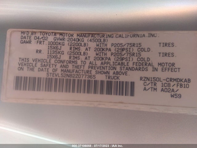 2002 TOYOTA TACOMA VIN: 5TEVL52N82Z077365
