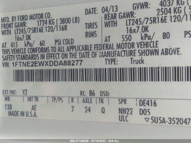 2013 FORD ECONOLINE CARGO VAN COMMERCIAL/RECREATIONAL VIN: 1FTNE2EWXDDA88277