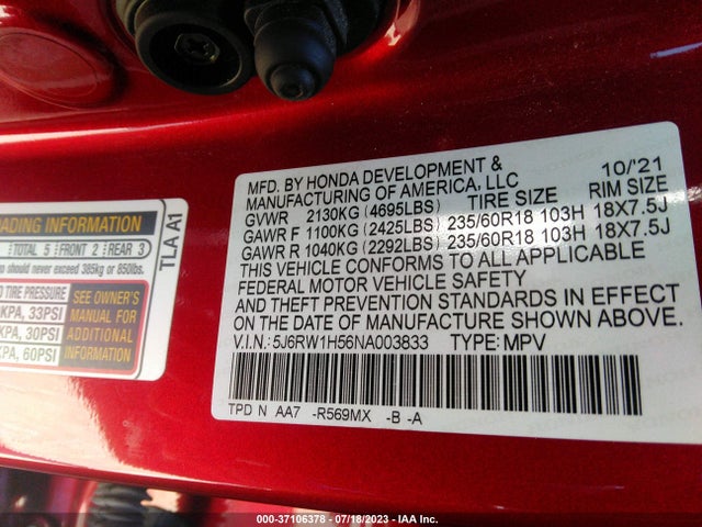 Honda CR-V EX 2022 5J6RW1H56NA003833 Image 10