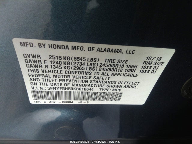 Honda Pilot Ex-l 2019 5FNYF5H50KB010644 Image 9