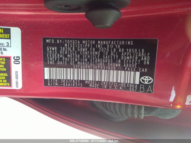 2019 TOYOTA COROLLA L/LE/SE/XLE/XSE VIN: 5YFBURHEXKP931809