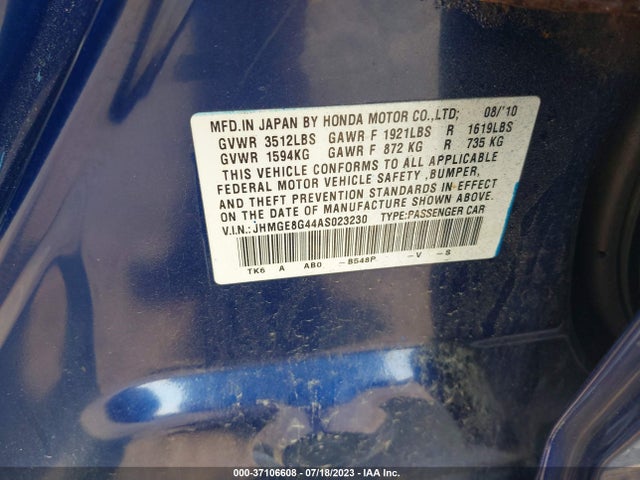 2010 HONDA FIT SPORT VIN: JHMGE8G44AS023230