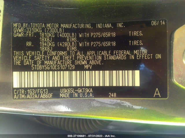 Toyota Sequoia Sr5 2014 5TDBY5G10ES107129 Image 9