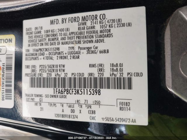 1FA6P8CF3K5115398 Ford MUSTANG GT