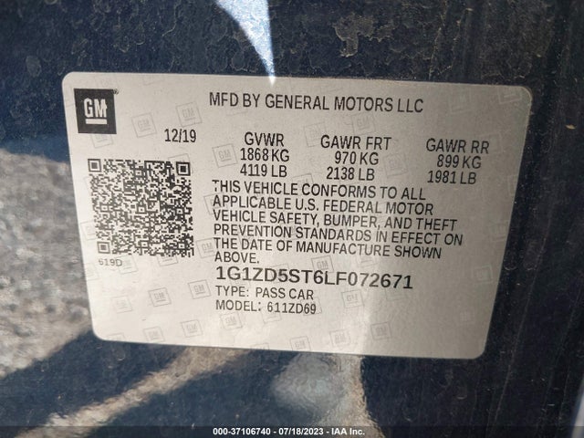 2020 CHEVROLET MALIBU LT VIN: 1G1ZD5ST6LF072671