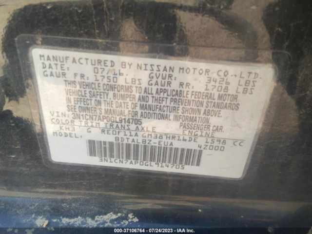 3N1CN7AP0GL914705 Nissan VERSA SV
