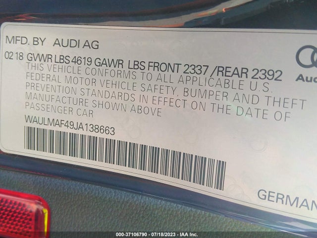 2018 AUDI A4 PREMIUM PLUS VIN: WAULMAF49JA138663