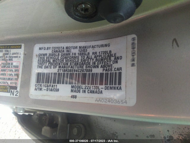 2004 TOYOTA COROLLA CE/S/LE VIN: 2T1BR38E94C267889