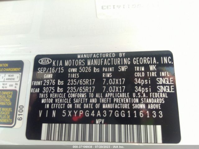 5XYPG4A37GG116133 KIA Sorento 2.4l Lx