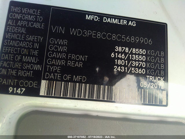 2012 MERCEDES-BENZ SPRINTER CARGO VANS VIN: WD3PE8CC8C5689906