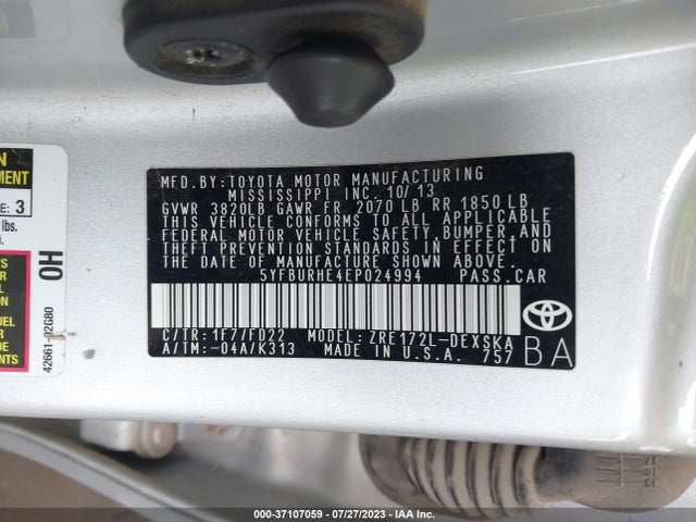 2014 TOYOTA COROLLA L/LE/S/S PLUS/LE PLUS VIN: 5YFBURHE4EP024994