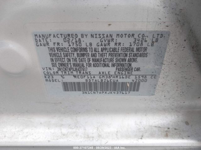 3N1CN7APXJK437617 Nissan Versa Sedan Sv