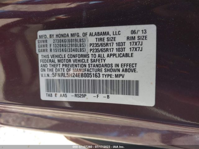 5FNRL5H24EB005163 Honda ODYSSEY LX
