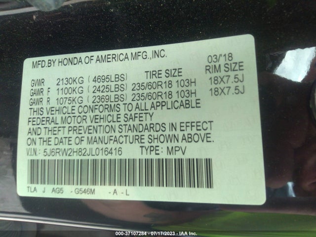Honda Cr-v Ex-l 2018 5J6RW2H82JL016416 Image 15