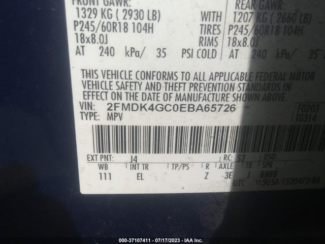 2014 FORD EDGE SE VIN: 2FMDK4GC0EBA65726