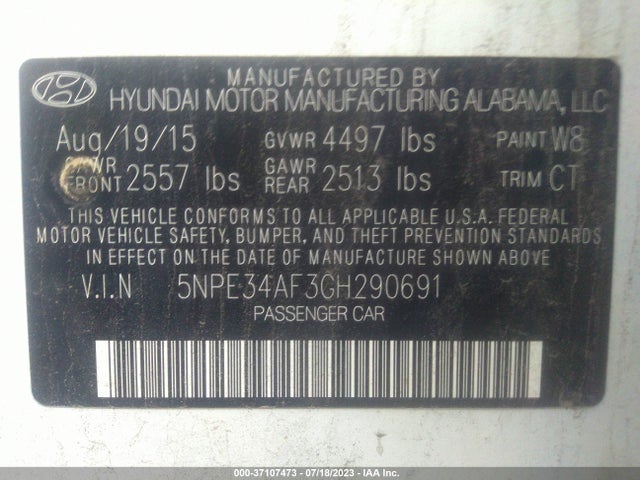 2016 HYUNDAI SONATA 2.4L SPORT VIN: 5NPE34AF3GH290691