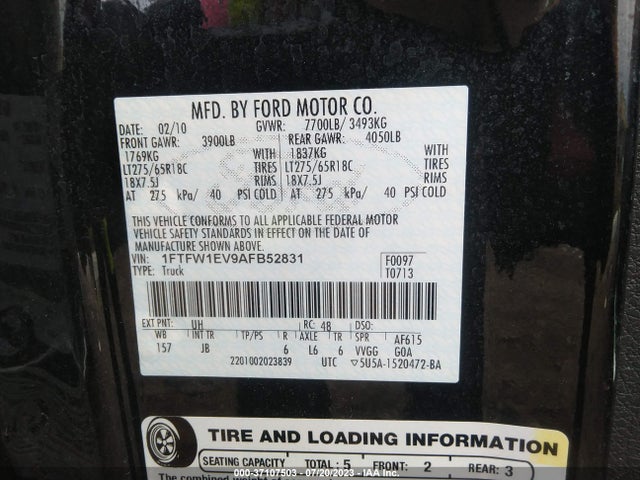 2010 FORD F-150 XL/XLT/FX4/LARIAT VIN: 1FTFW1EV9AFB52831