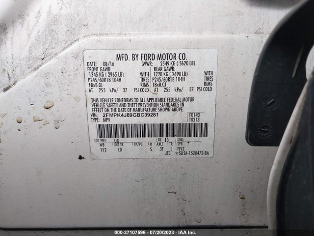 2016 FORD EDGE SEL VIN: 2FMPK4J89GBC39281