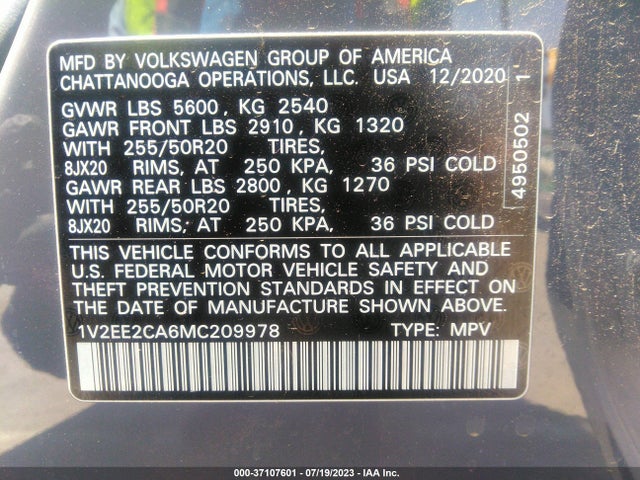 1V2EE2CA6MC209978 Volkswagen Atlas Cross Sport 3.6l V6 Sel