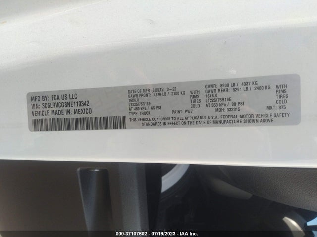3C6LRVCG8NE110342 RAM Promaster Cargo Van