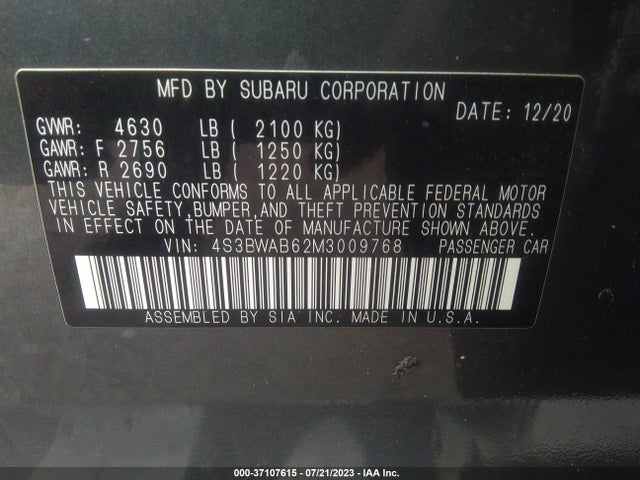 2021 SUBARU LEGACY VIN: 4S3BWAB62M3009768