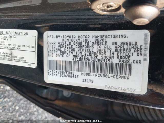 2002 TOYOTA CAMRY LE/SE/XLE VIN: 4T1BE32K52U004191