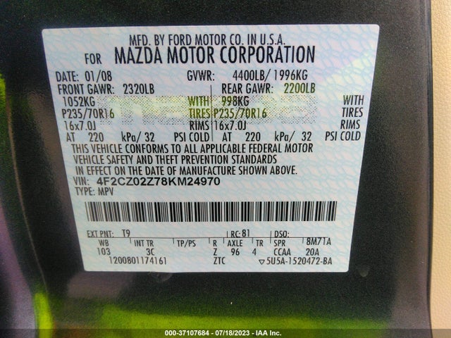 2008 MAZDA TRIBUTE TOURING VIN: 4F2CZ02Z78KM24970