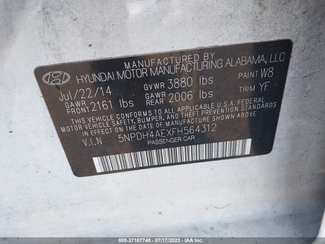 Hyundai ELANTRA SE 2015 5NPDH4AEXFH564312 Image 9